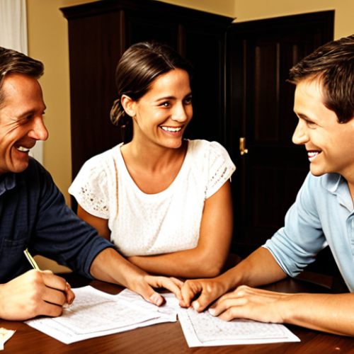 Home 11 A family "council" meeting around a table. The family consists of a mother, father, and two children (boy and girl). They are smiling and engaged in discussion. Papers with handwritten rules are scattered on the table. Warm, inviting lighting. The setting is a cozy living room.