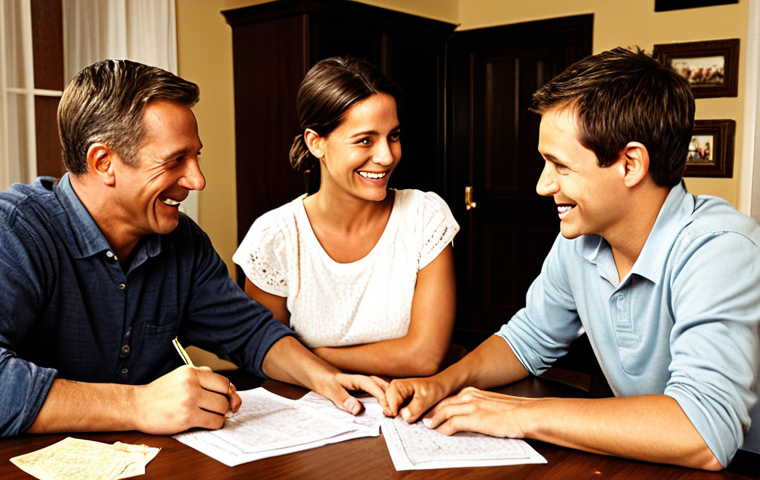 A family "council" meeting around a table. The family consists of a mother, father, and two children (boy and girl). They are smiling and engaged in discussion. Papers with handwritten rules are scattered on the table. Warm, inviting lighting. The setting is a cozy living room.