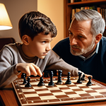 **

A chessboard with pieces strategically positioned. A father and son are deeply engrossed in the game, the father pointing to the board while explaining a tactic. The background is a cozy living room with a bookshelf filled with puzzles and logic games. Warm, inviting lighting. The scene evokes concentration and bonding.

**