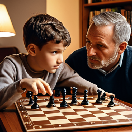 Home 6 **
A chessboard with pieces strategically positioned. A father and son are deeply engrossed in the game, the father pointing to the board while explaining a tactic. The background is a cozy living room with a bookshelf filled with puzzles and logic games. Warm, inviting lighting. The scene evokes concentration and bonding.
**
