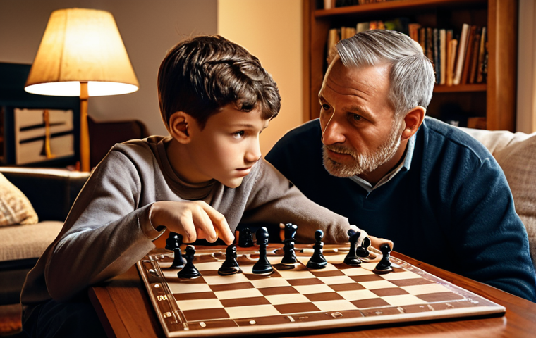 **
A chessboard with pieces strategically positioned. A father and son are deeply engrossed in the game, the father pointing to the board while explaining a tactic. The background is a cozy living room with a bookshelf filled with puzzles and logic games. Warm, inviting lighting. The scene evokes concentration and bonding.
**