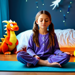 **

"A young girl, fully clothed in comfortable, modest pajamas, sitting cross-legged on a colorful yoga mat in her bedroom. Soft, warm lighting, fairy lights twinkling. She is practicing "belly breathing" with a plush toy dragon on her lap, eyes closed and a peaceful expression. Safe for work, appropriate content, professional illustration, perfect anatomy, natural proportions, family-friendly."

**
