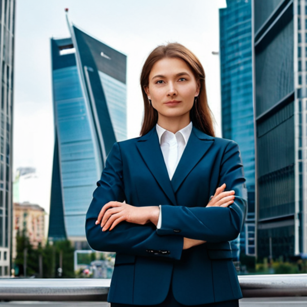 **A professional woman in a tailored business suit, fully clothed, standing in front of the Moscow City business district, confident pose, safe for work, appropriate content, perfect anatomy, natural proportions, professional, high quality.** (This prompt focuses on a strong, professional image in a recognizable location)