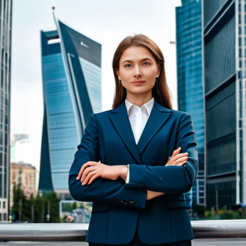 **A professional woman in a tailored business suit, fully clothed, standing in front of the Moscow City business district, confident pose, safe for work, appropriate content, perfect anatomy, natural proportions, professional, high quality.** (This prompt focuses on a strong, professional image in a recognizable location)