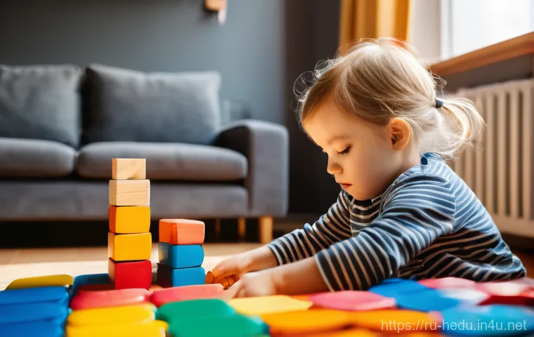 아이의 문제 해결 능력 키우기 - A focused 6-year-old child, dressed in comfortable, vibrant casual clothes, is intently building a c...