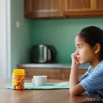 부모의 감정 조절 방법 - **Prompt:** A young mother, looking thoughtful and slightly overwhelmed, sits at a kitchen table. He...