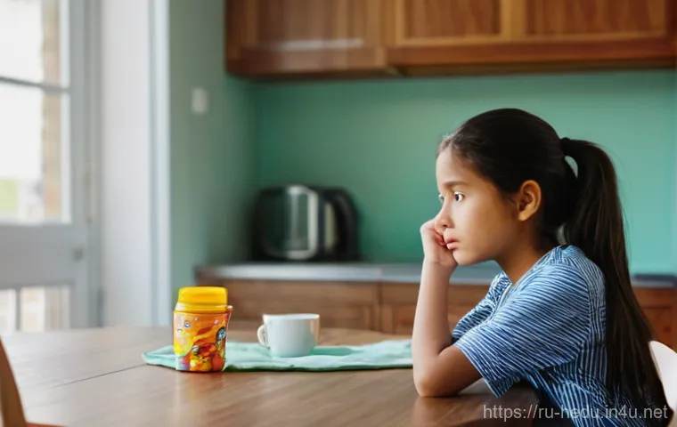 부모의 감정 조절 방법 - **Prompt:** A young mother, looking thoughtful and slightly overwhelmed, sits at a kitchen table. He...