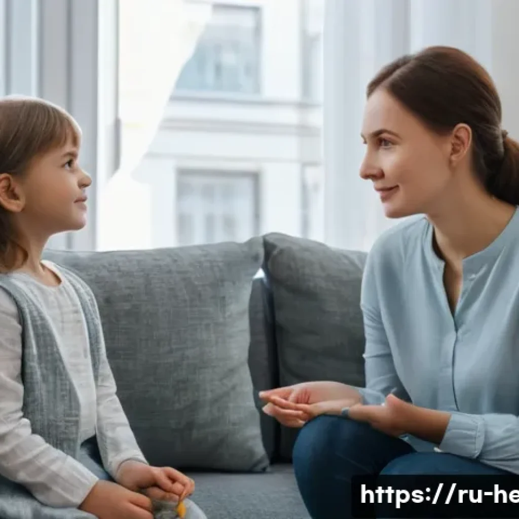 아이와의 신뢰 관계 구축 - A warm, cozy family living room scene in a modern Russian apartment, showing a mother attentively li...