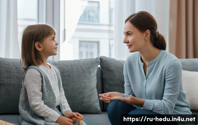 아이와의 신뢰 관계 구축 - A warm, cozy family living room scene in a modern Russian apartment, showing a mother attentively li...