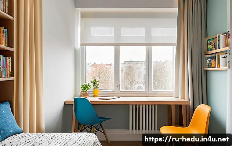 아이의 집중력 높이는 환경 조성 - A cozy, well-organized child’s study corner by a window in a modern Russian apartment, featuring a w...