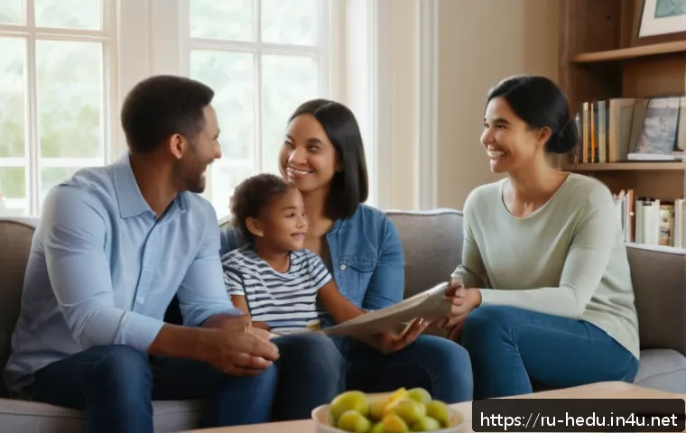 아이의 거짓말 대처법 - A warm and inviting family living room scene where a mother and father are sitting on a cozy sofa, e...