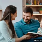 Home 23 아동기 공감 능력 키우는 법 - A warm and cozy family living room scene in a modern Russian apartment, featuring a mother and fathe...