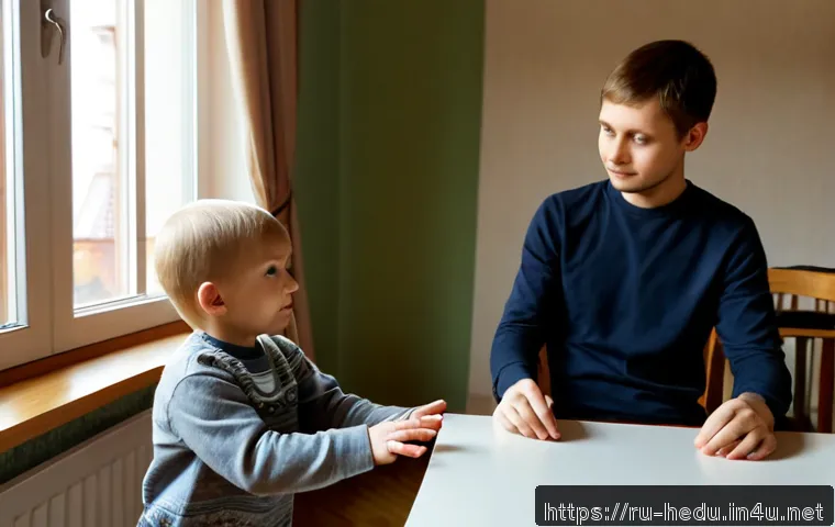 Home 17 아동 심리와 훈육 방법 - Photorealistic Russian family home interior, calm parent kneeling at eye level with a fully clothed ...